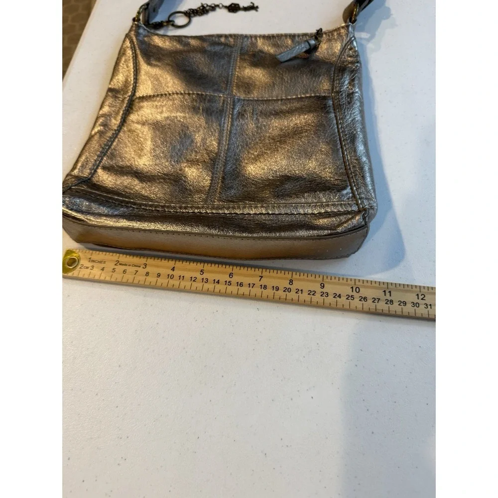 The Sak Metallic Pewter Leather Crossbody Bag Boho Charm Antiqued Brass Hardware